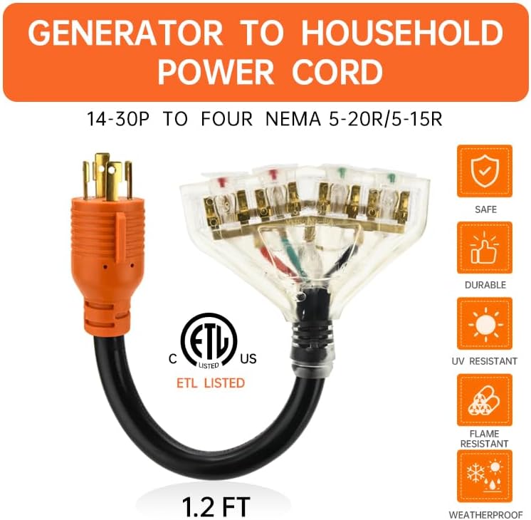 NVKABVY 30 Amp to 110 Adapter RV Cord, 30 Amp to 20 Amp Adapter, l14-30P Male to 4X 5-15R/5-20R T-Blade Household Outlet Female with Lighted Power Indicator UL Listed (L14-30P to 4X5-15R/5-20R) - Image 4